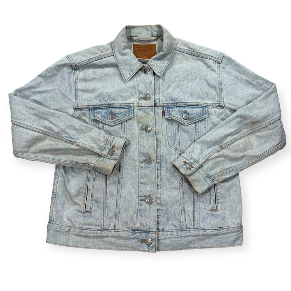 Levi's Premium Trucker Jacket Women's Small Blue Light Wash Button Up Distressed